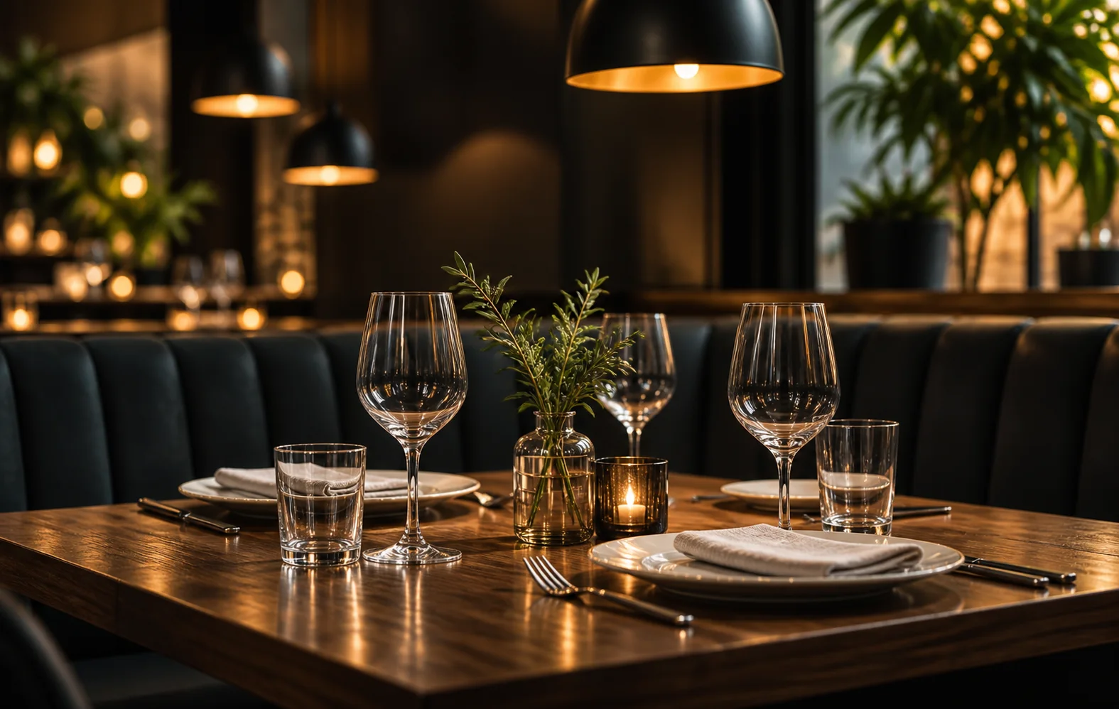 A thoughtfully set table in a warmly lit restaurant